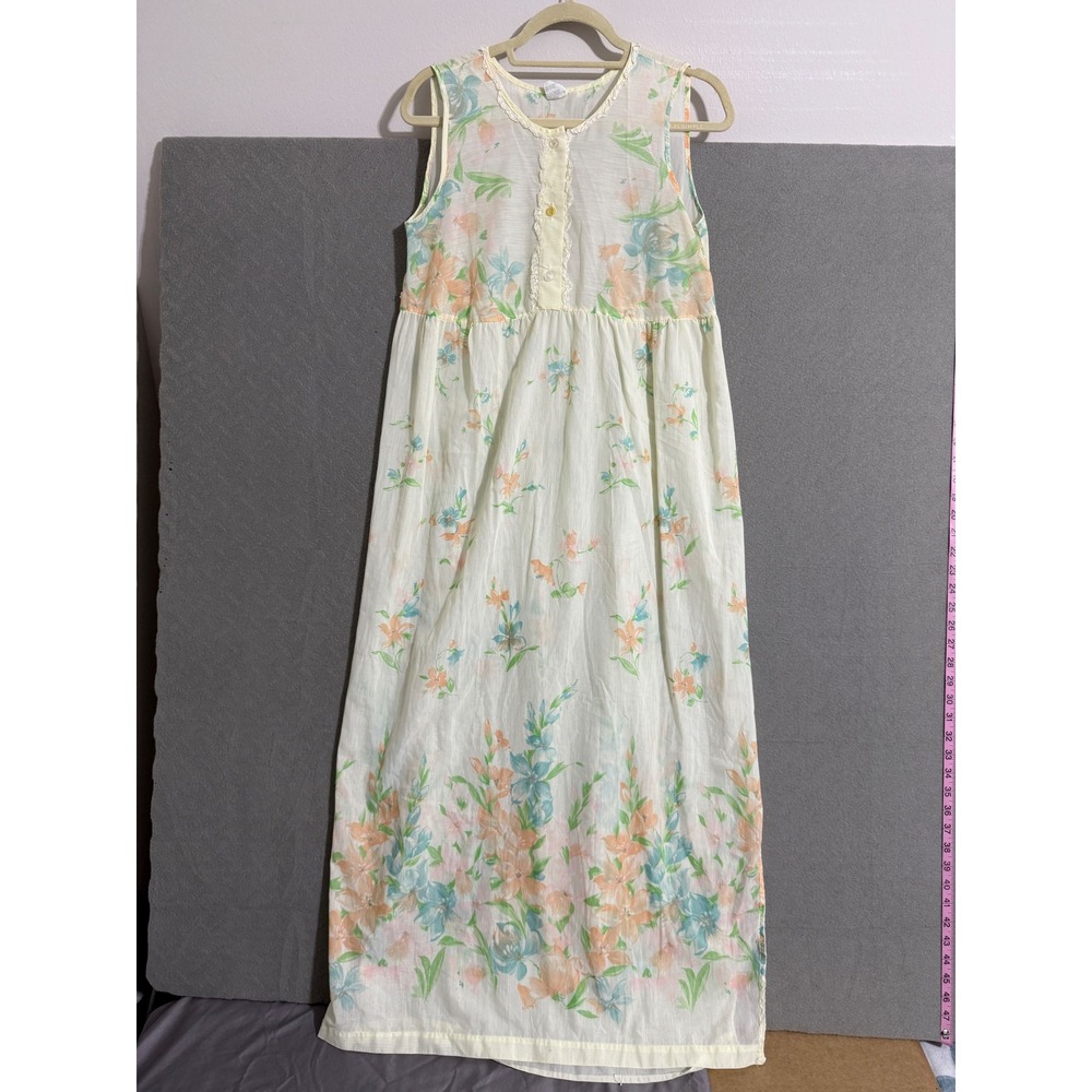Vtg Deena Nightgown Floral Yellow Lace Trim Sleeveless Maxi Sz S Cottagecore *